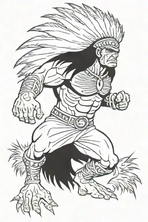 native american chief feathers full body hulk mutant angry roaring tattoo design idea