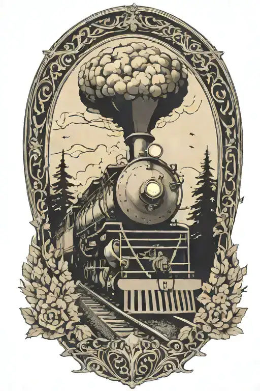Rail, firewood, bushes, fire, train, outline, symmetrical  tattoo design idea