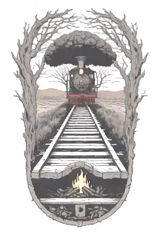 Rail, firewood, bushes, fire, old train tattoo design idea