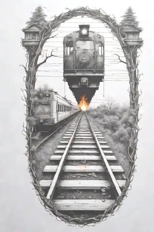 Rail, firewood, bushes, fire, train, linework, outline tattoo design idea