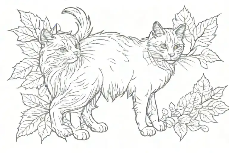 Long Hair Tuxedo Cat full body playing with leaves tattoo design idea
