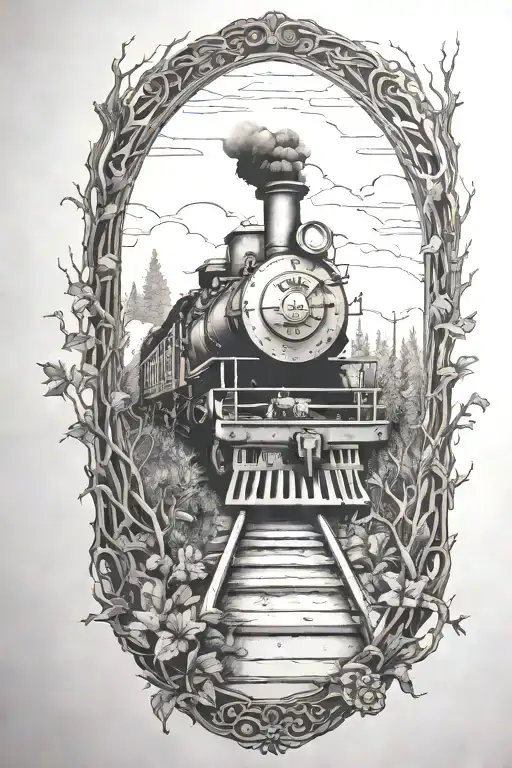 Rail, firewood, bushes, fire, train, linework, outline, symmetrical tattoo design idea