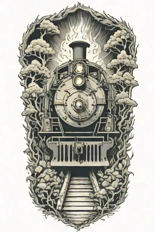 rail, firewood, bush, linework, train, fire, symmetrical tattoo design idea