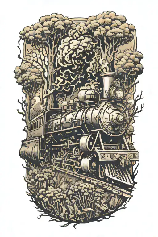 Rail, fire wood, bushes, steam engine  tattoo design idea