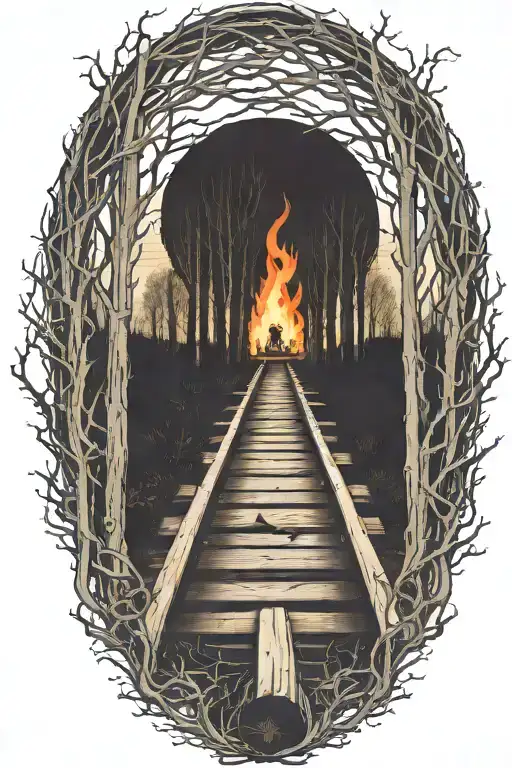 Rail, firewood, bushes, fire tattoo design idea
