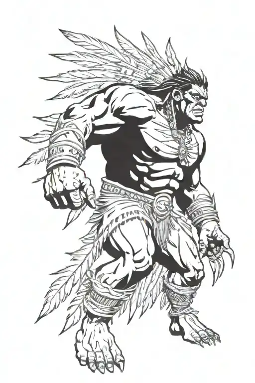 native american chief feathers full body hulk mutant angry roaring tattoo design idea