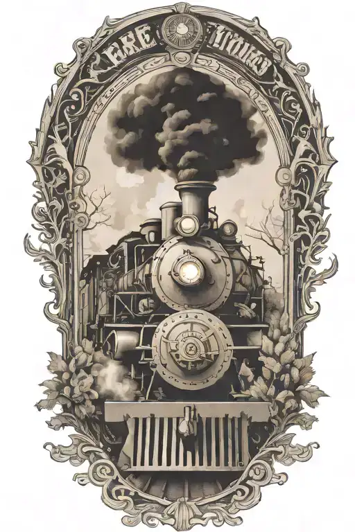 Rail, firewood, bushes, fire, steam engine tattoo design idea