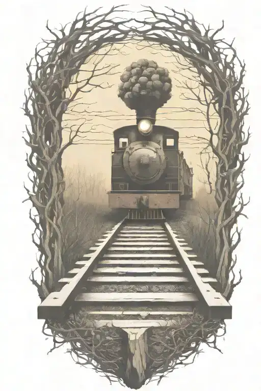 Rail, firewood, bushes, fire, old train  tattoo design idea
