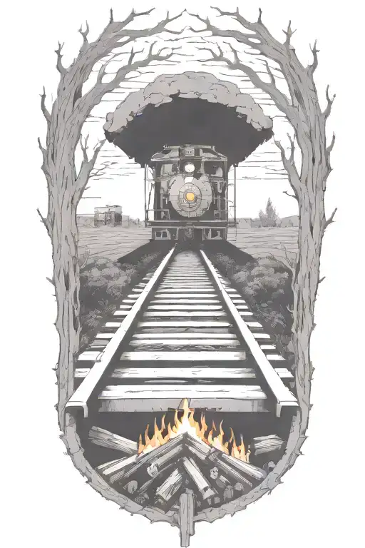 Rail, firewood, bushes, fire, train, outline, symmetrical  tattoo design idea