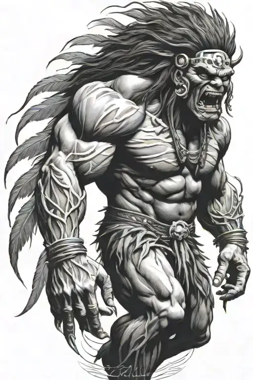 native american chief hulk monster roaring full body tattoo design idea