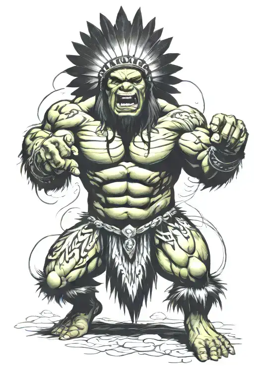 Full Body Hulk Indian Chief Angry Yelling  tattoo design idea