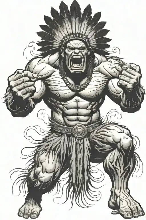 Full Body Hulk Indian Chief Angry Yelling  tattoo design idea