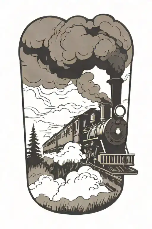 Rail, firewood, bushes, fire, steam engine  tattoo design idea