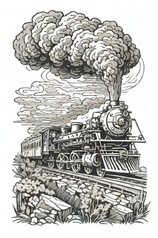 Rail, firewood, bushes, fire, steam engine  tattoo design idea