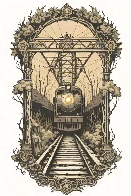 rail, firewood, bushes, bridge, train, fire, crash, floating, outline, symmetrical tattoo design idea