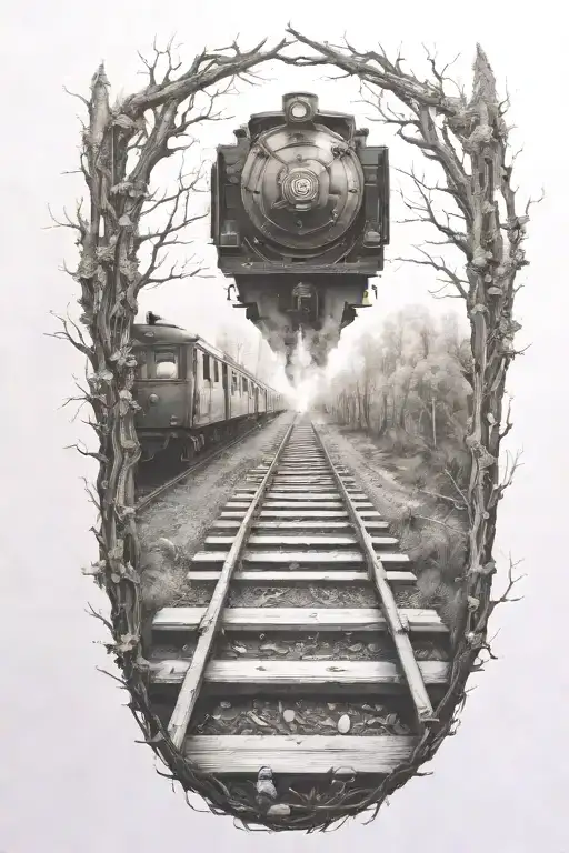 Rail, firewood, bushes, fire, train tattoo design idea