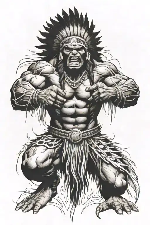 Full Body Hulk Indian Chief Angry Yelling  tattoo design idea