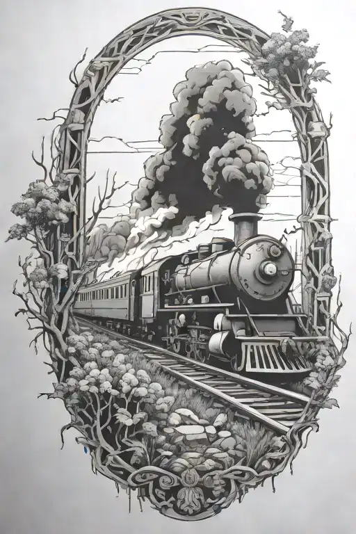 Rail, firewood, bushes, fire, train, linework, outline tattoo design idea