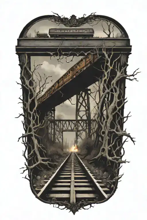 rail, firewood, bush, bridge, train, fire, crash, floating tattoo design idea