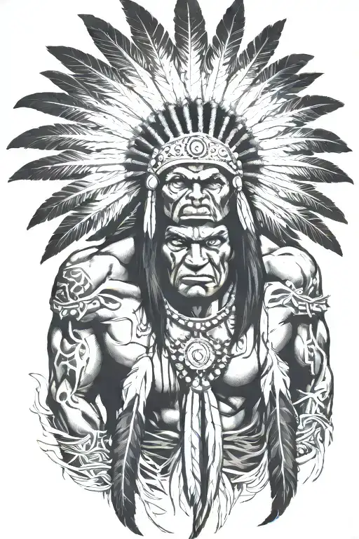 Native American Chief Feather Head Dress Hulk Angry Screaming Full Body tattoo design idea