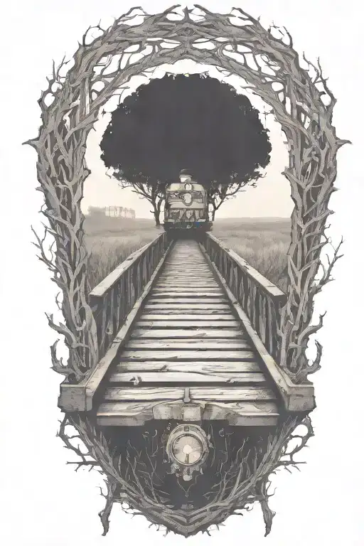 Rail, firewood, bushes, fire, abandoned train tattoo design idea