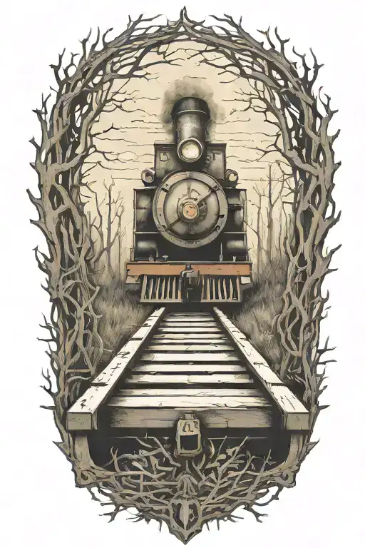 Rail, firewood, bushes, fire, old train  tattoo design idea