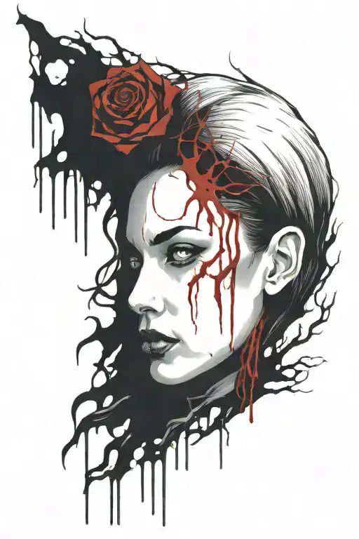 bloody head of a woman tattoo design idea