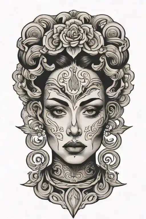 head of a woman with solid black eyes tattoo design idea