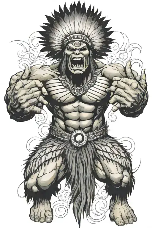 Full Body Hulk Indian Chief Angry Yelling  tattoo design idea