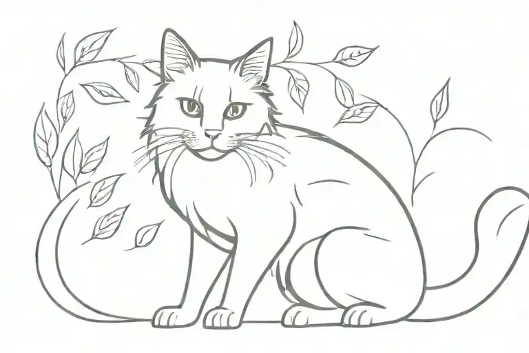 Long Hair Tuxedo Cat full body playing with leaves tattoo design idea