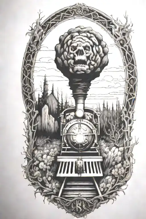 Rail, firewood, bushes, fire, train, linework, outline, symmetrical tattoo design idea