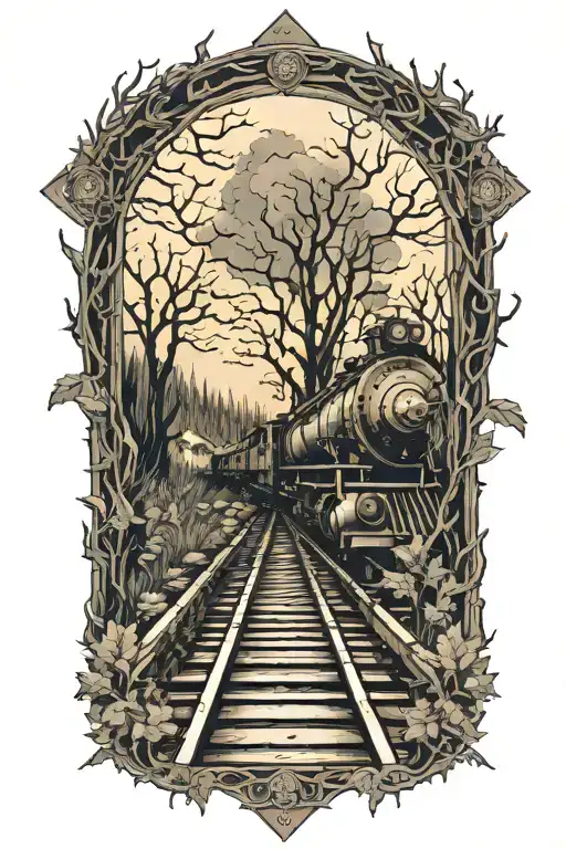 rail, firewood, bushes, bridge, train, fire, crash, floating, outline, symmetrical tattoo design idea