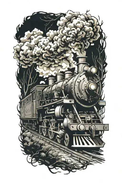 Rail, firewood, bushes, fire, steam engine  tattoo design idea