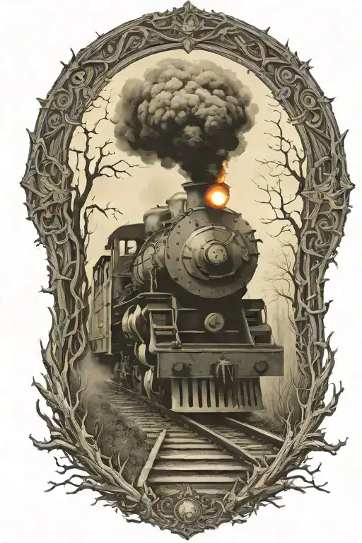 Rail, firewood, bushes, fire, haunted old train tattoo design idea