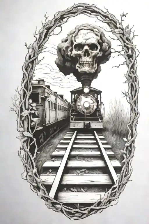 Rail, firewood, bushes, fire, train, linework, outline tattoo design idea