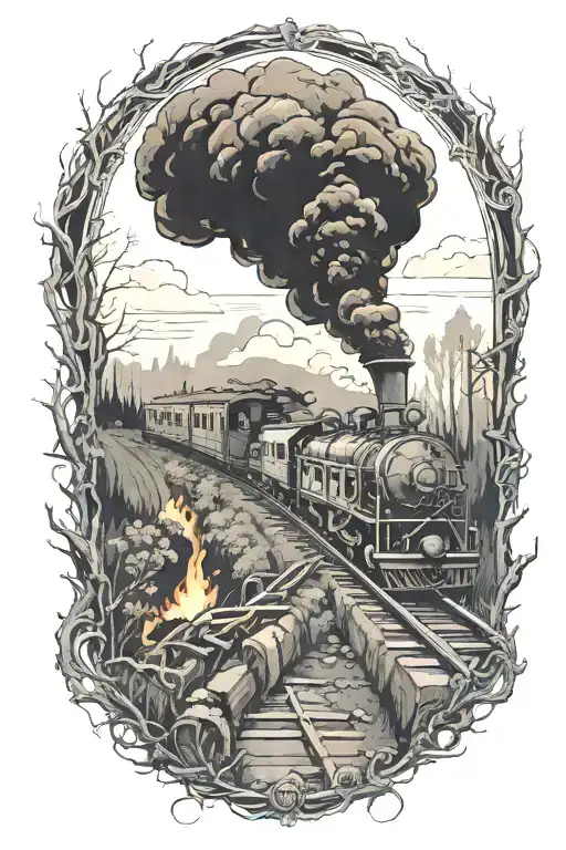 Rail, firewood, bushes, fire, train tattoo design idea