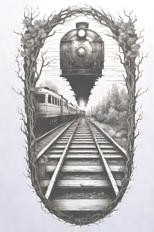 Rail, firewood, bushes, fire, train, linework, outline tattoo design idea