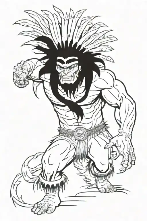 native american chief feathers full body hulk mutant angry roaring tattoo design idea