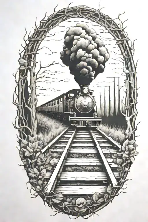 Rail, firewood, bushes, fire, train, linework, symmetrical, haunted tattoo design idea