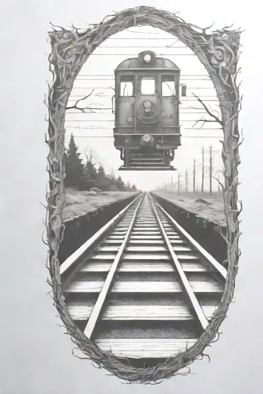 Rail, firewood, bushes, fire, train, linework, outline tattoo design idea