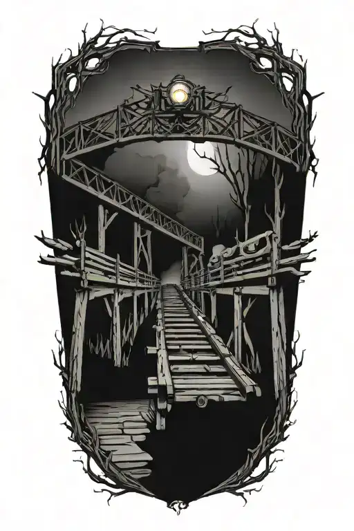 rail, firewood, bush, bridge, train, fire, crash, floating, outline, symmetrical tattoo design idea
