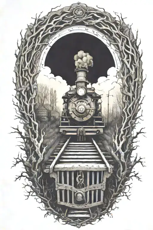 Rail, firewood, bushes, fire, old haunted train tattoo design idea