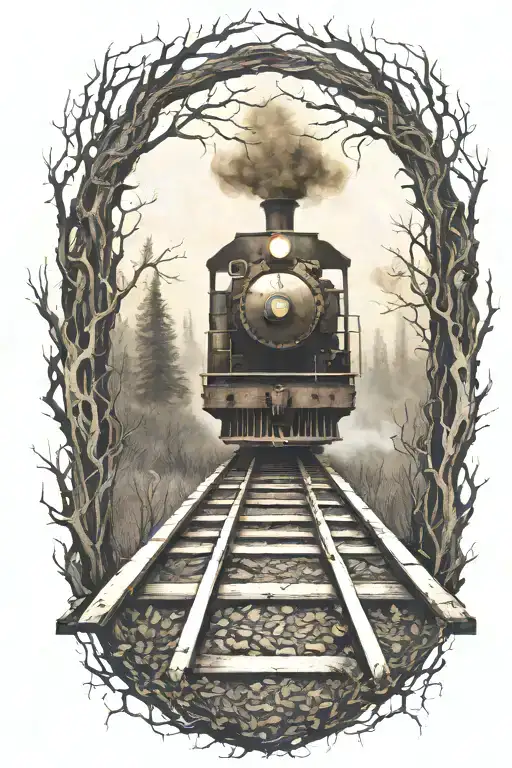 Rail, firewood, bushes, fire, old train  tattoo design idea
