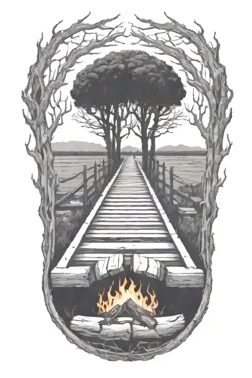 Rail, firewood, bushes, fire tattoo design idea