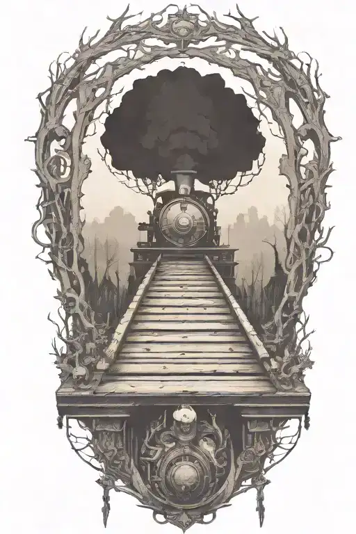 Rail, firewood, bushes, fire, steam engine tattoo design idea