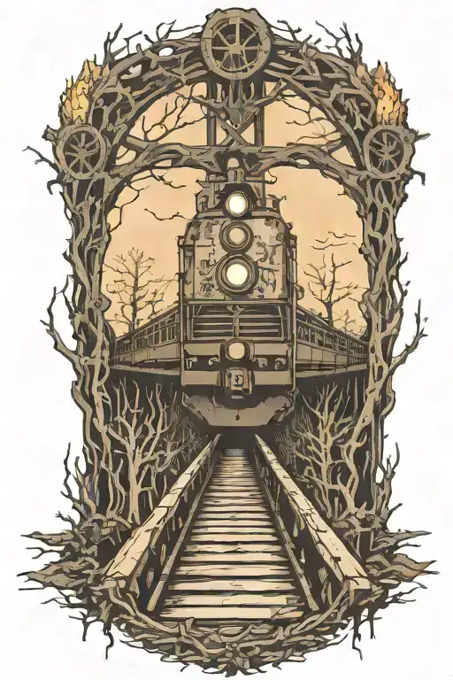 rail, firewood, bushes, bridge, train, fire, crash, floating, outline, symmetrical tattoo design idea
