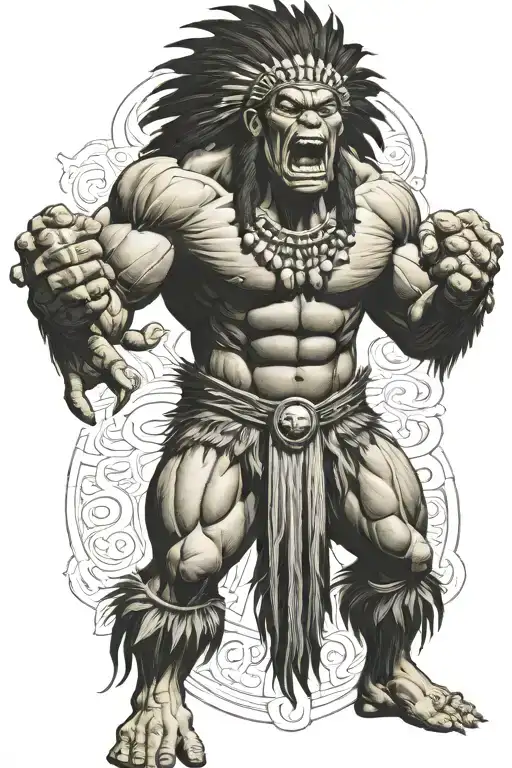 Full Body Hulk Indian Chief Angry Yelling  tattoo design idea