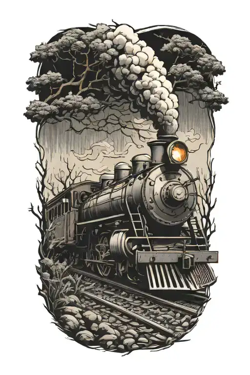 Rail, firewood, bushes, fire, steam engine  tattoo design idea