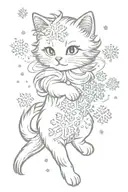Long Hair Kitten full body playing with snowflakes  tattoo design idea