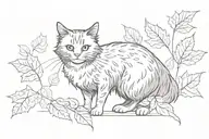 Long Hair Tuxedo Cat full body playing with leaves tattoo design idea